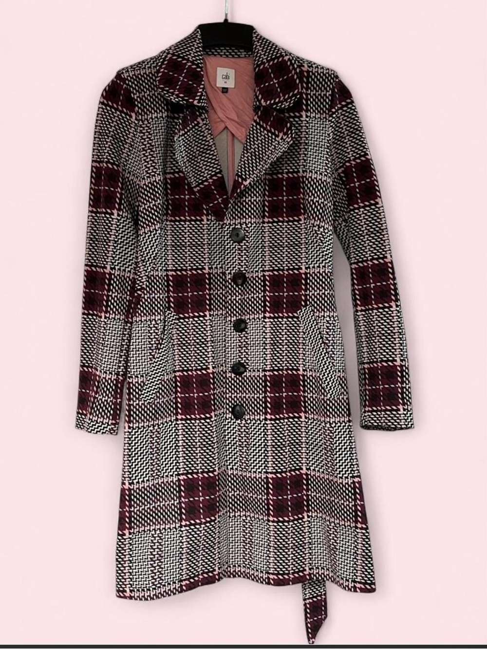 CAbi Plaid Trench Coat in Burgundy and Blush Pink